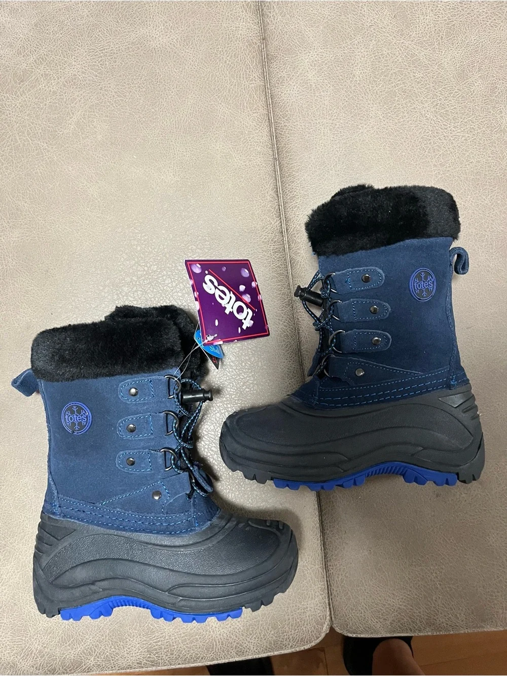 Kids Navy Winter Snow Boots with Faux Fur Trim size 13